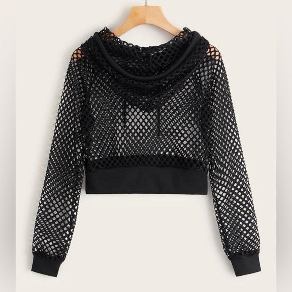 𝅺SHEIN - Fishnet Drawstring Hooded Sweatshirt - Picture 2 of 3